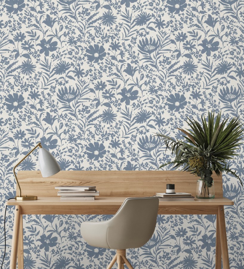 Papel pintado lienzo botánico de flores texturizado azul  Zinnia Sketch 685133