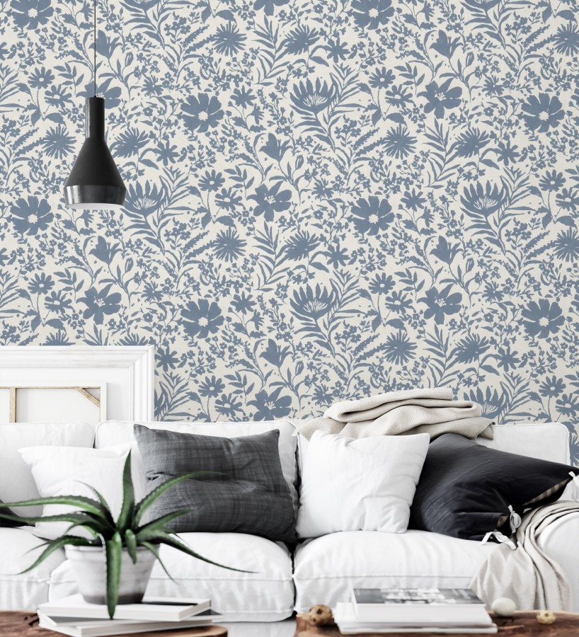 Papel pintado lienzo botánico de flores texturizado azul  Zinnia Sketch 685133