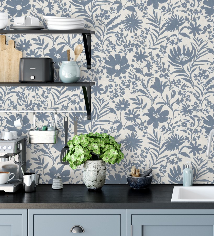 Papel pintado lienzo botánico de flores texturizado azul  Zinnia Sketch 685133