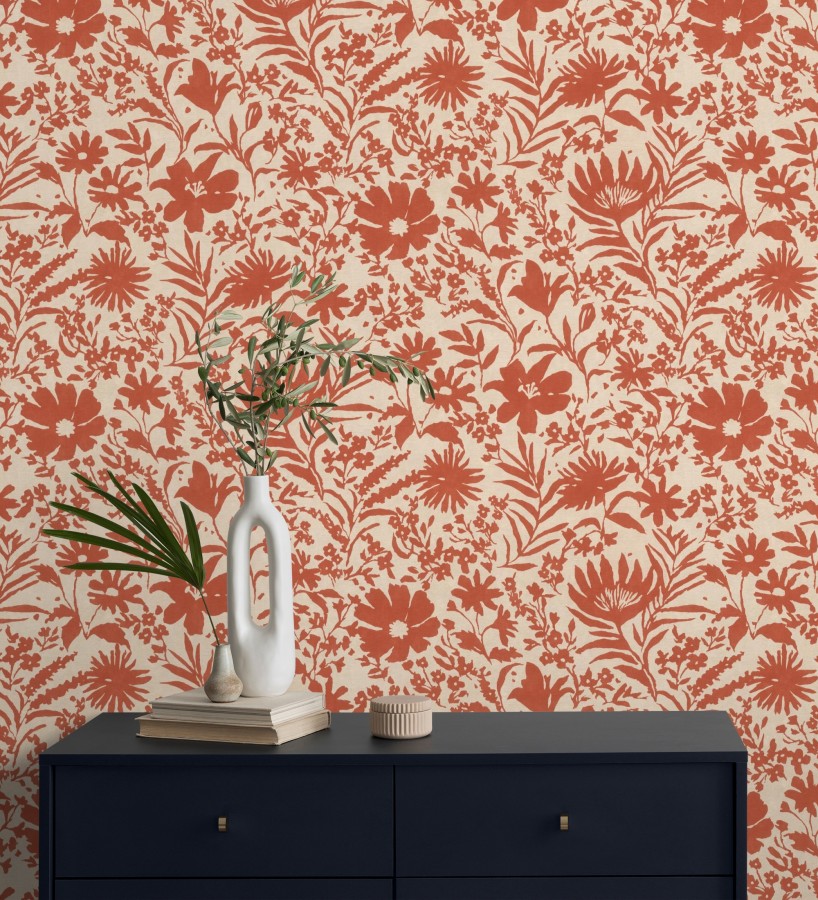 Papel pintado lienzo botánico de flores texturizado rojo  Zinnia Sketch 685134