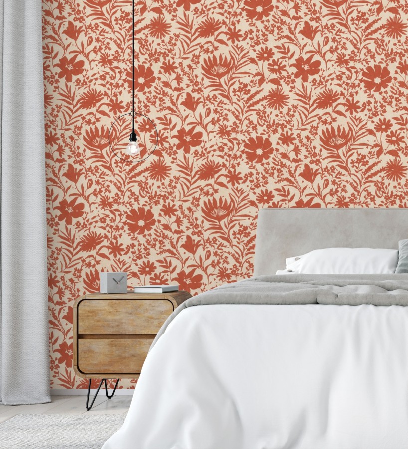 Papel pintado lienzo botánico de flores texturizado rojo  Zinnia Sketch 685134