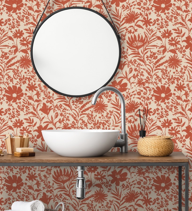 Papel pintado lienzo botánico de flores texturizado rojo  Zinnia Sketch 685134