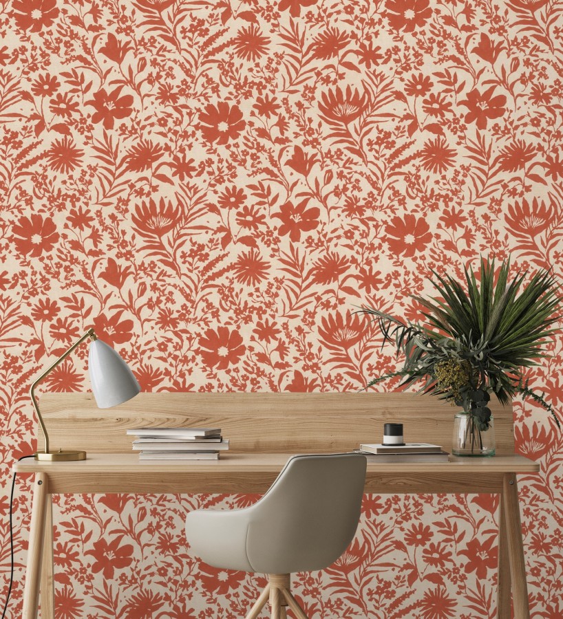 Papel pintado lienzo botánico de flores texturizado rojo  Zinnia Sketch 685134