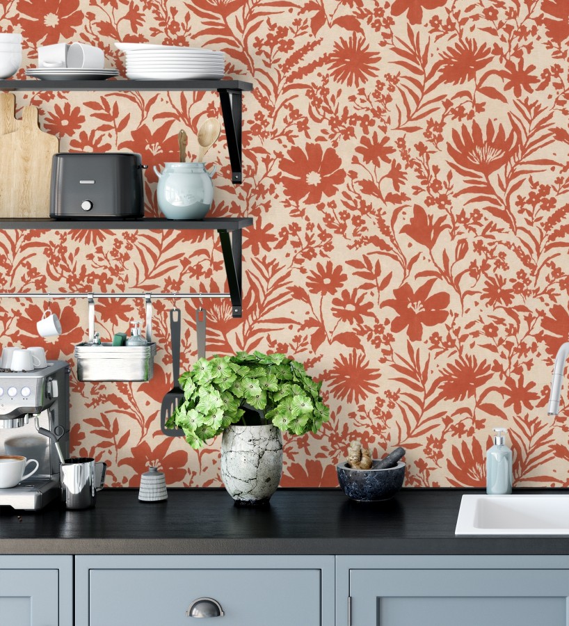 Papel pintado lienzo botánico de flores texturizado rojo  Zinnia Sketch 685134