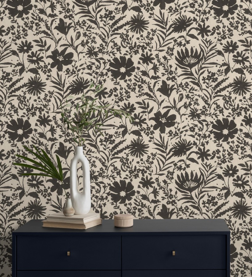 Papel pintado lienzo botánico de flores texturizado negro  Zinnia Sketch 685135