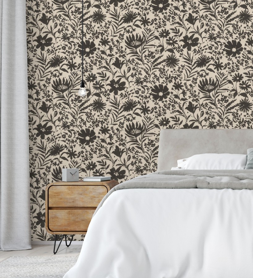 Papel pintado lienzo botánico de flores texturizado negro  Zinnia Sketch 685135
