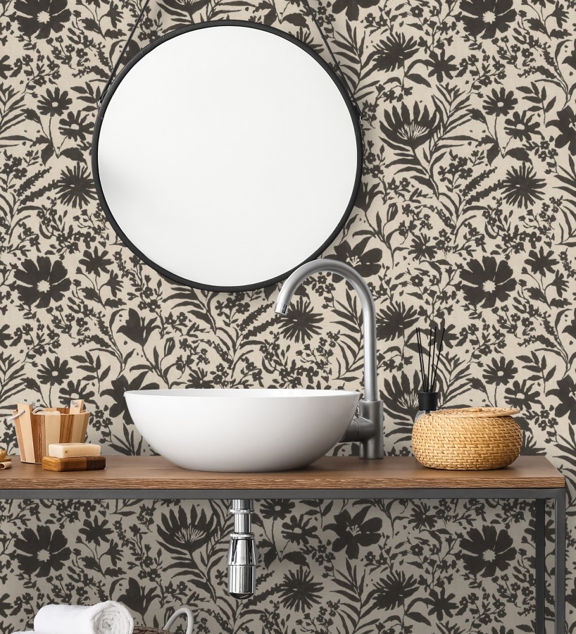 Papel pintado lienzo botánico de flores texturizado negro  Zinnia Sketch 685135