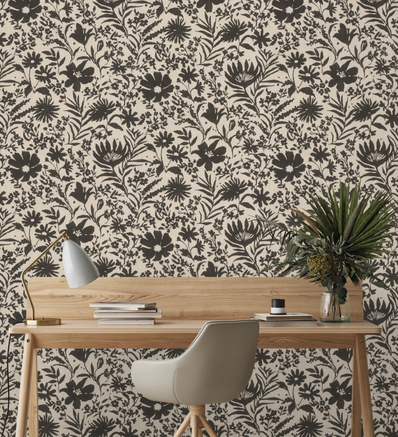 Papel pintado lienzo botánico de flores texturizado negro  Zinnia Sketch 685135