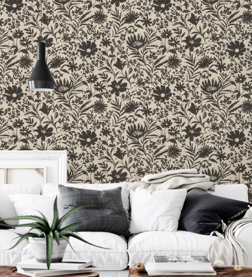 Papel pintado lienzo botánico de flores texturizado negro  Zinnia Sketch 685135