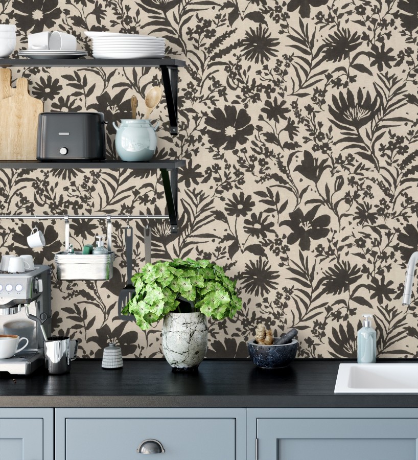 Papel pintado lienzo botánico de flores texturizado negro  Zinnia Sketch 685135