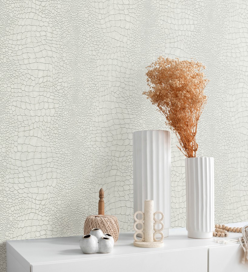 Papel pintado piel cocodrilo blanco con relieve estilo animal print  Orinoco Reptilian 685141