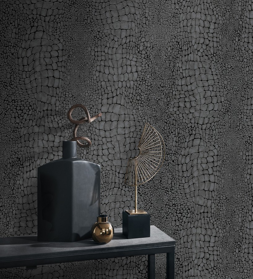 Papel pintado piel cocodrilo negro con relieve estilo animal print  Orinoco Reptilian 685142