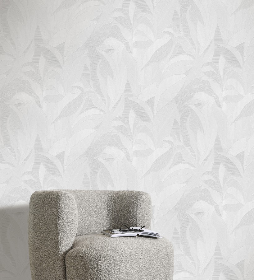 Papel pintado de hojas minimalistas con relieve color blanco  Ancona Rib 685143