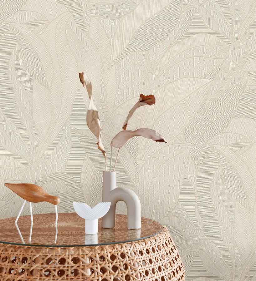 Papel pintado de hojas minimalistas con relieve color beige  Ancona Rib 685144
