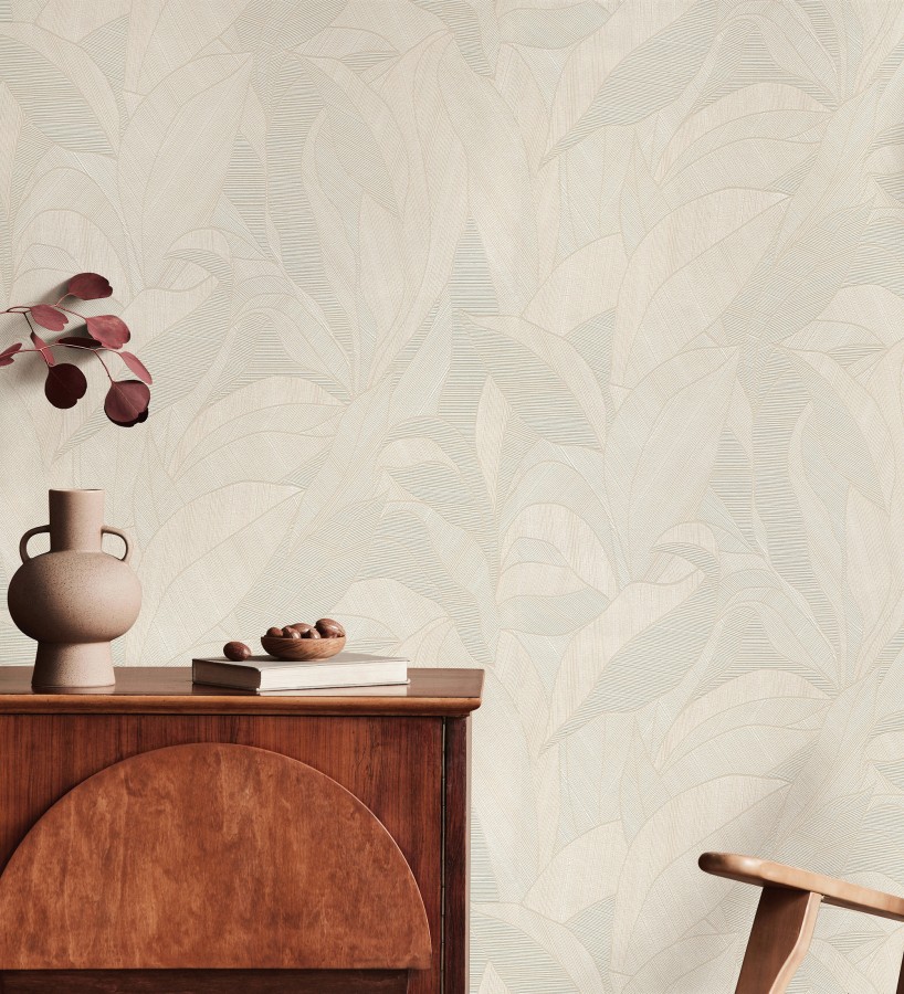 Papel pintado de hojas minimalistas con relieve color beige  Ancona Rib 685144
