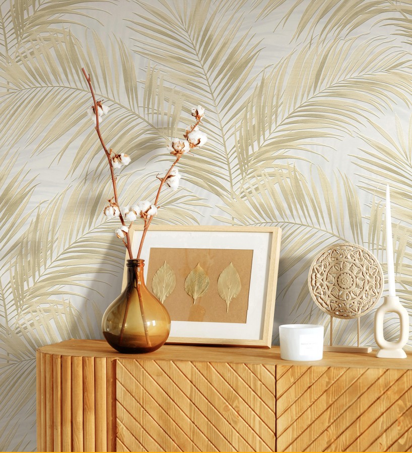 Papel pintado hojas de palmera en relieve color vainilla con sombras neutras  Borneo Leaf 685147