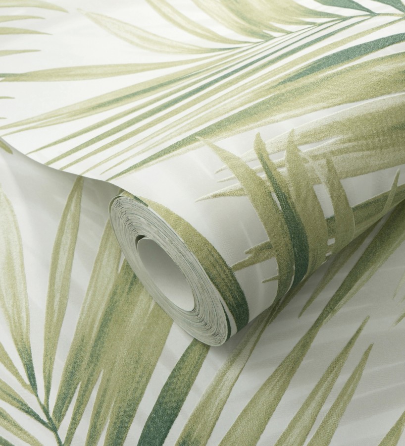 Papel pintado hojas de palmera en relieve tonos verdes sombras neutras  Borneo Leaf 685148