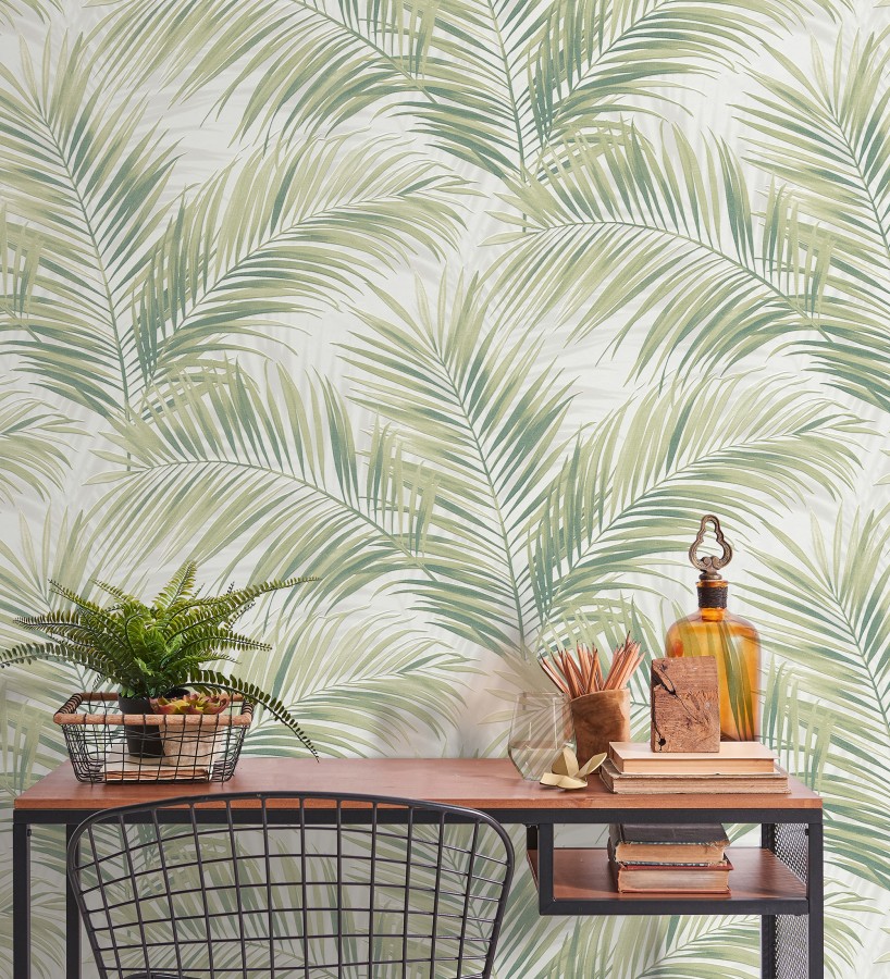 Papel pintado hojas de palmera en relieve tonos verdes sombras neutras  Borneo Leaf 685148