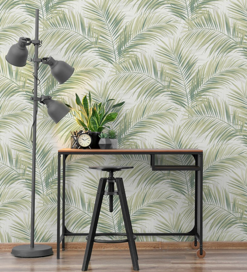 Papel pintado hojas de palmera en relieve tonos verdes sombras neutras  Borneo Leaf 685148