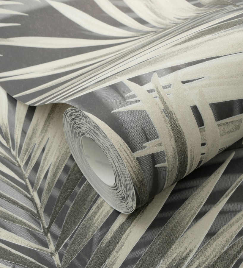 Papel pintado hojas de palmera en relieve beige fondo marrón chocolate  Borneo Leaf 685149