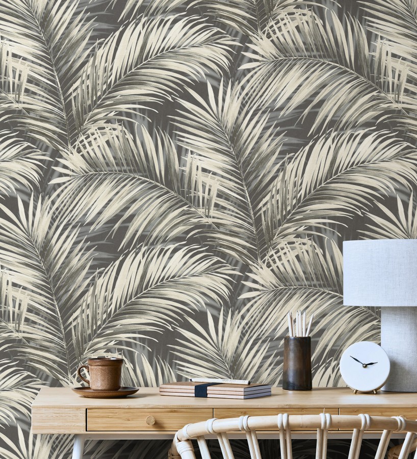 Papel pintado hojas de palmera en relieve beige fondo marrón chocolate  Borneo Leaf 685149