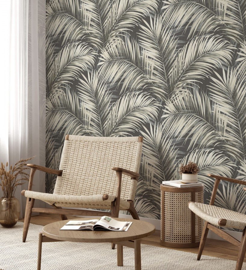 Papel pintado hojas de palmera en relieve beige fondo marrón chocolate  Borneo Leaf 685149