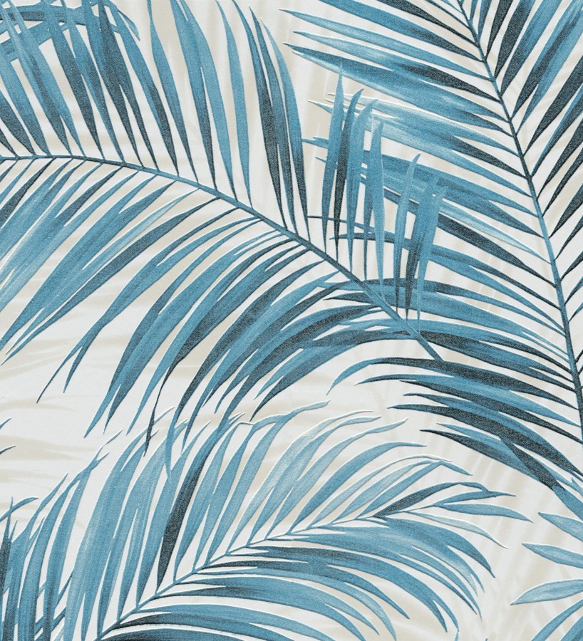 Papel pintado hojas de palmera en relieve tonos azules sombras beige  Borneo Leaf 685150