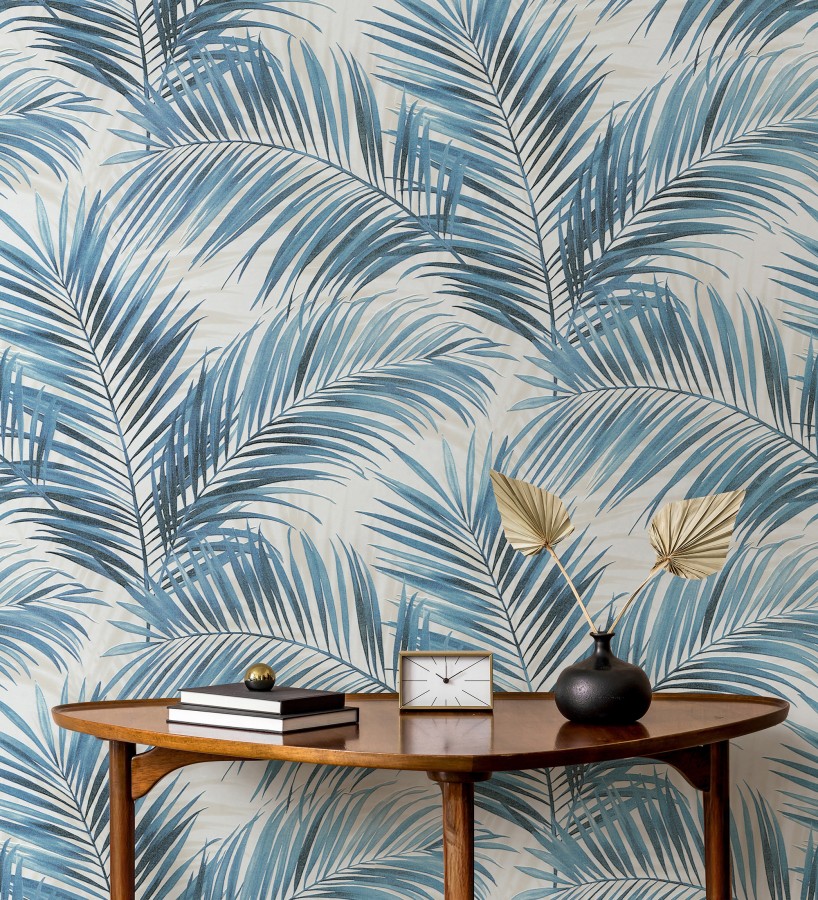 Papel pintado hojas de palmera en relieve tonos azules sombras beige  Borneo Leaf 685150