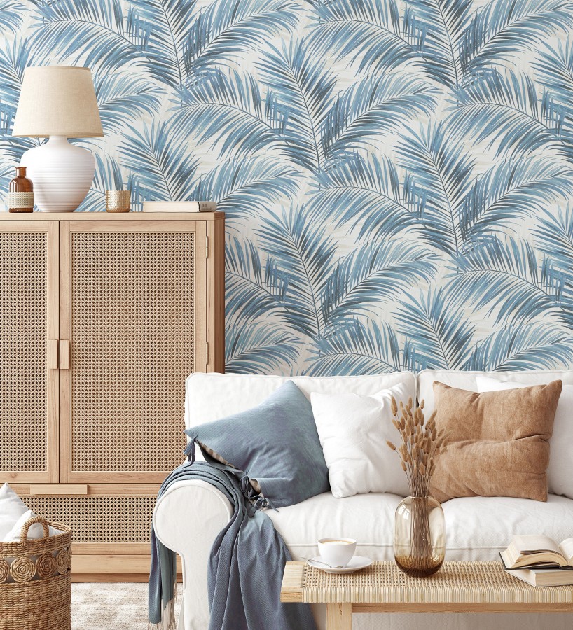 Papel pintado hojas de palmera en relieve tonos azules sombras beige  Borneo Leaf 685150