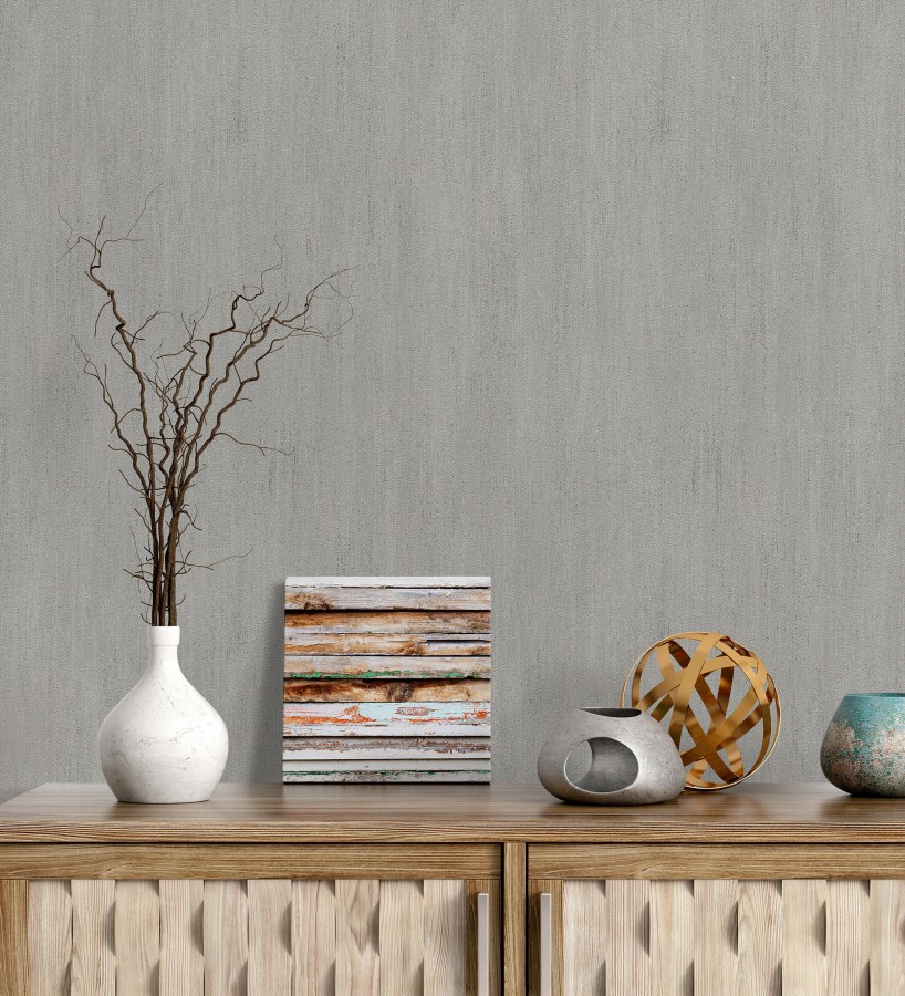 Papel pintado estuco cal efecto arenoso gris zinc  Stucco Denim 685157