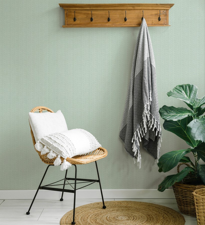 Papel pintado de espiga en relieve verde salvia repintable  Arles Chevroned 685160