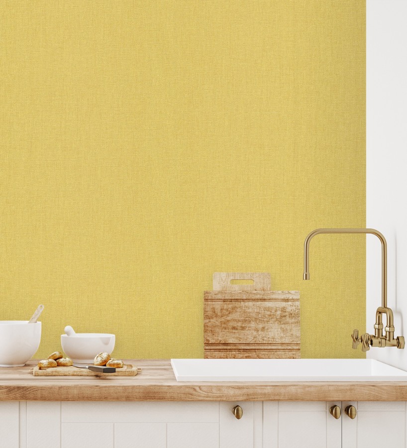 Papel pintado arpillera tono mostaza textil  Zanzibar Raffia 685179
