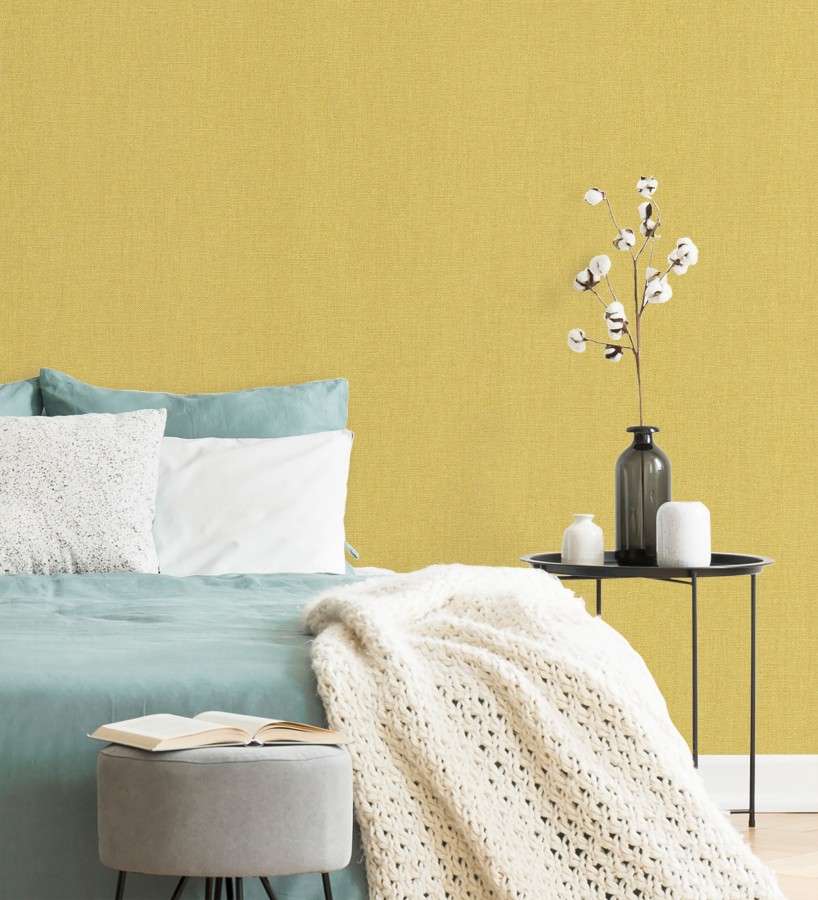 Papel pintado arpillera tono mostaza textil  Zanzibar Raffia 685179