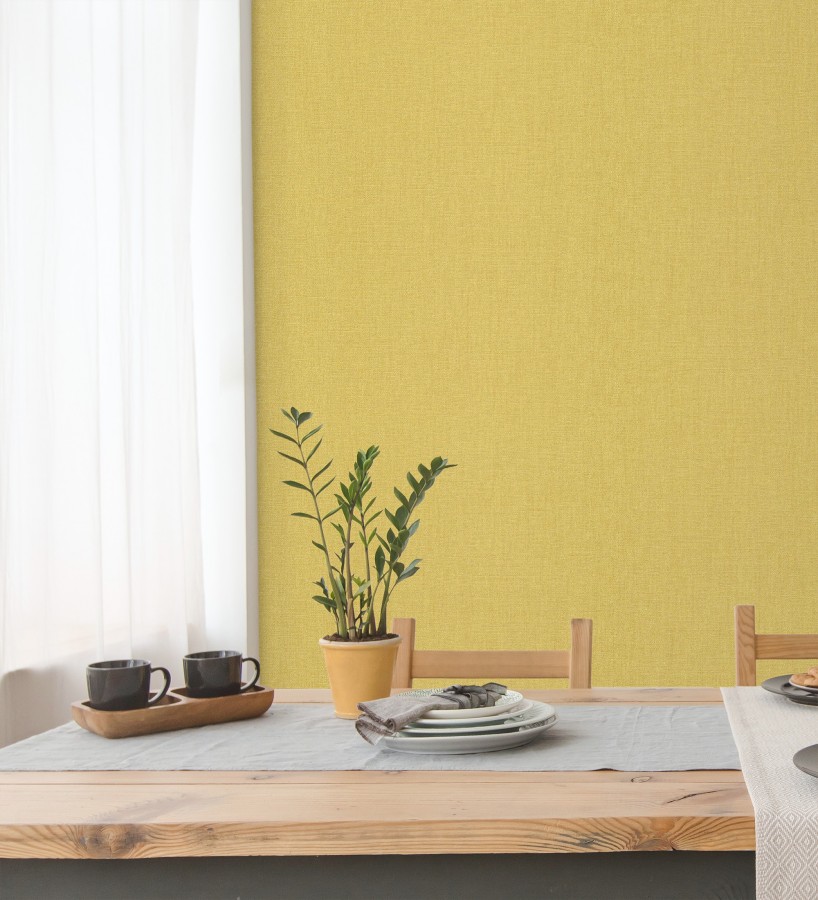 Papel pintado arpillera tono mostaza textil  Zanzibar Raffia 685179