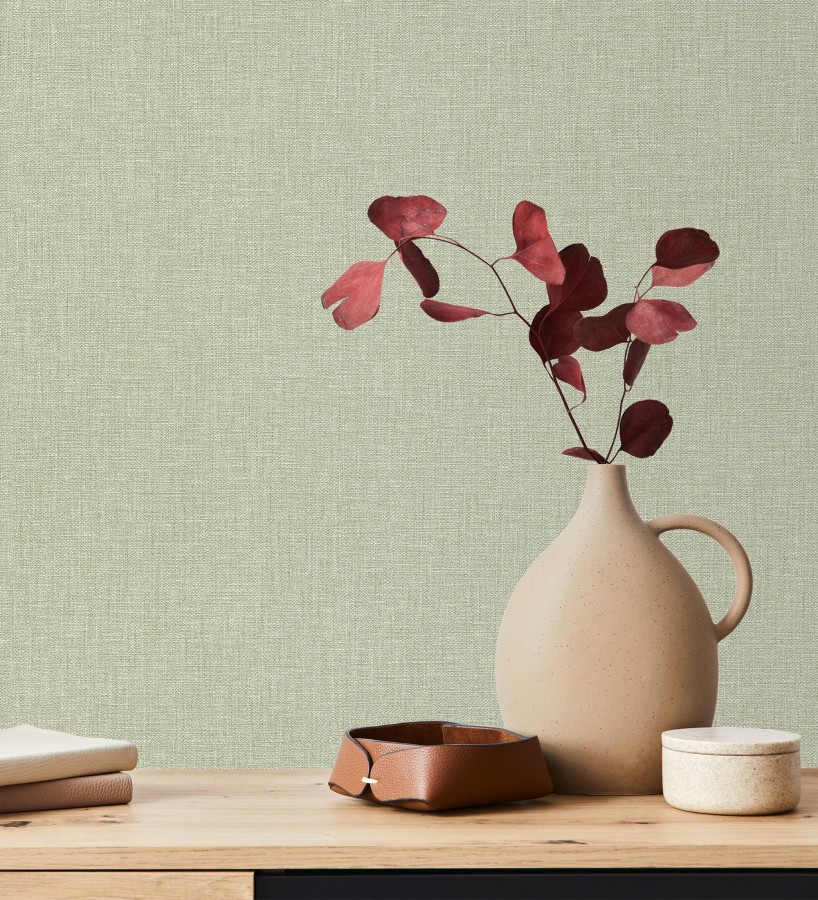 Papel pintado arpillera verde celadón textil  Zanzibar Raffia 685194