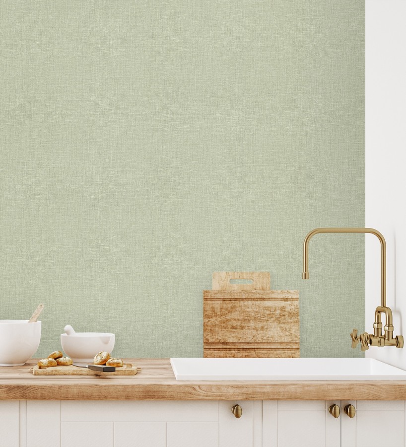 Papel pintado arpillera verde celadón textil  Zanzibar Raffia 685194