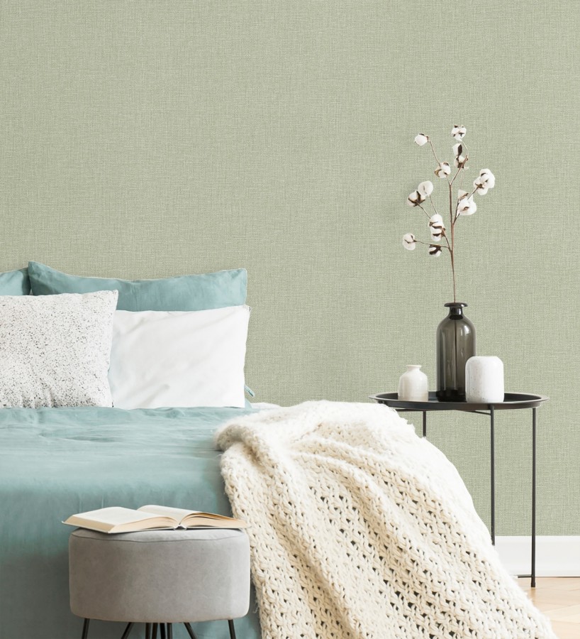 Papel pintado arpillera verde celadón textil  Zanzibar Raffia 685194