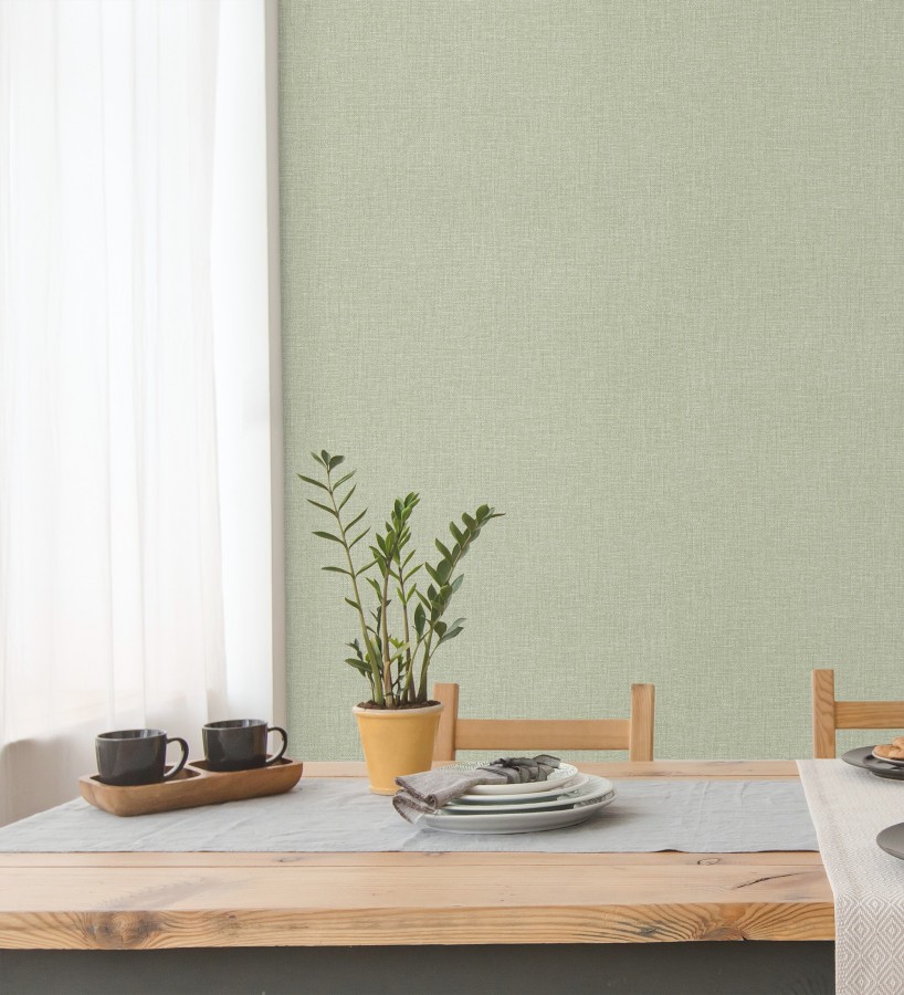 Papel pintado arpillera verde celadón textil  Zanzibar Raffia 685194