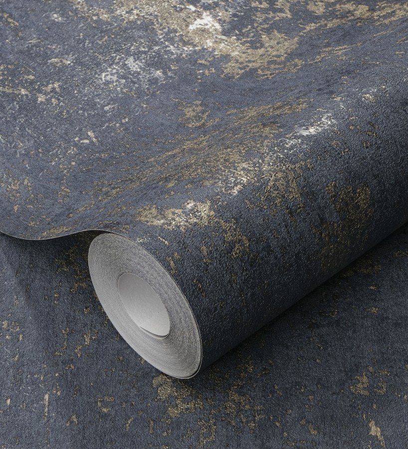 Papel pintado mineral pátina metálica latón tono azul noche  Calgary Steel 685225