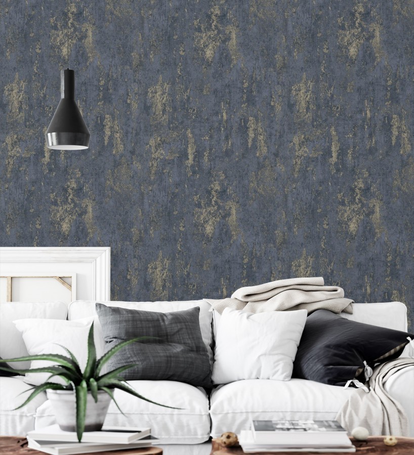 Papel pintado mineral pátina metálica latón tono azul noche  Calgary Steel 685225