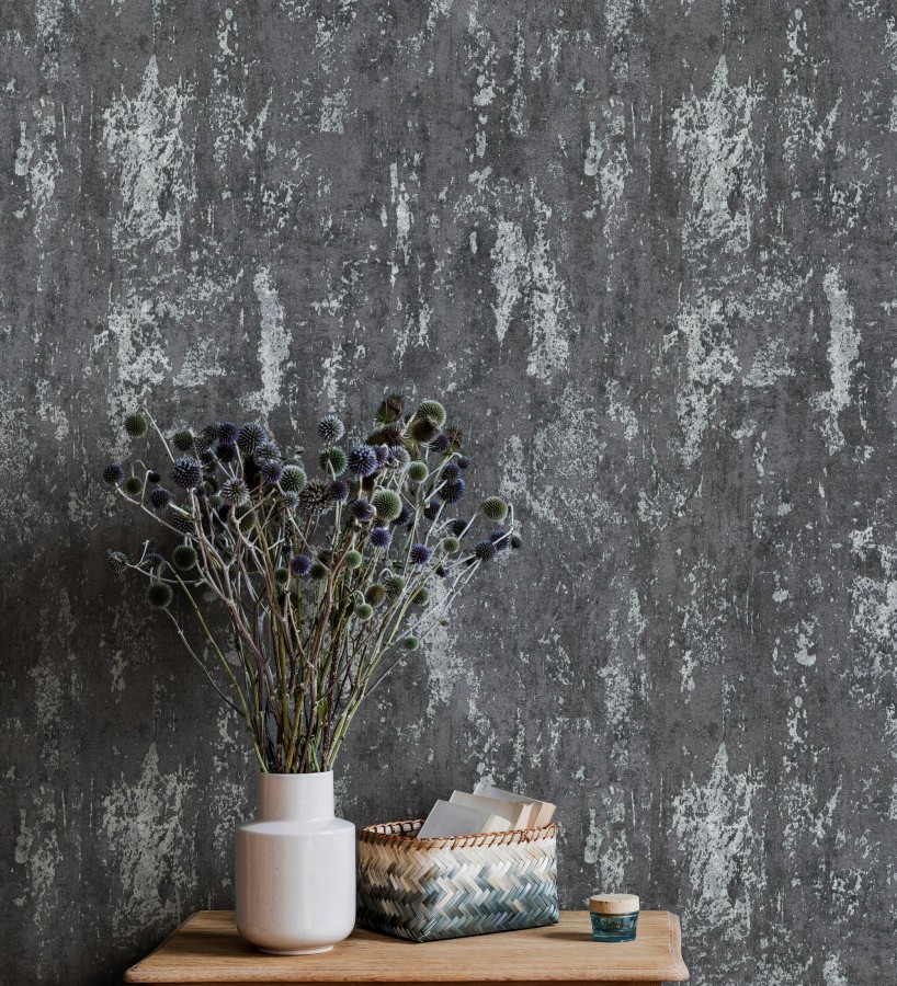 Papel pintado mineral pátina metálica plata fondo antracita oscuro   Calgary Steel 685226