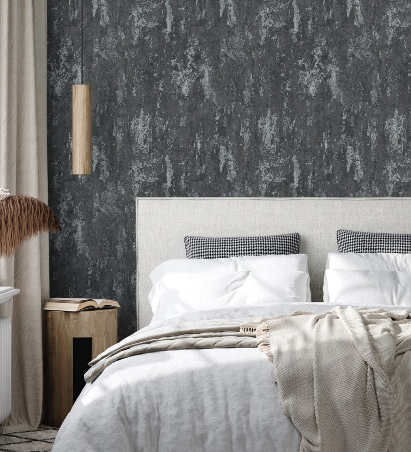 Papel pintado mineral pátina metálica plata fondo antracita oscuro   Calgary Steel 685226