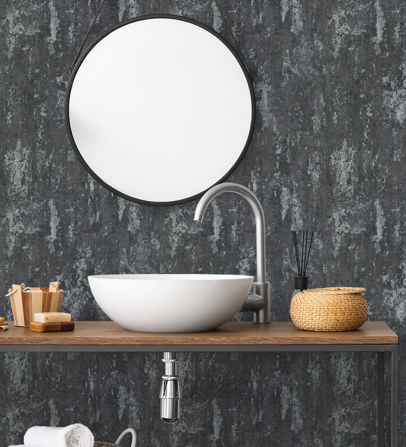 Papel pintado mineral pátina metálica plata fondo antracita oscuro   Calgary Steel 685226
