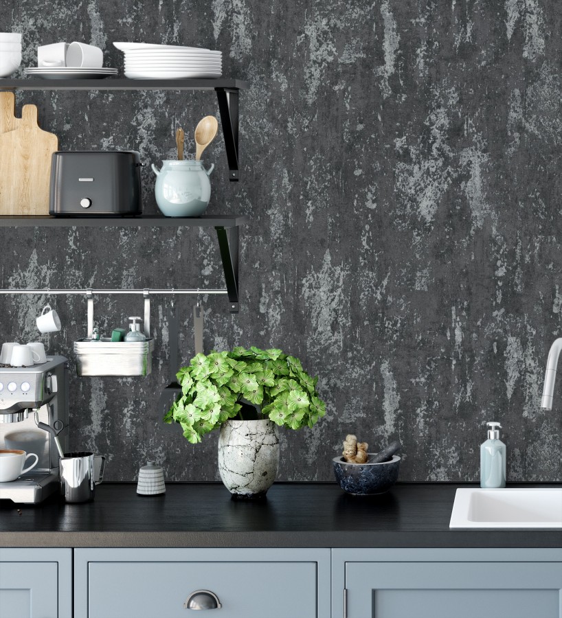 Papel pintado mineral pátina metálica plata fondo antracita oscuro   Calgary Steel 685226