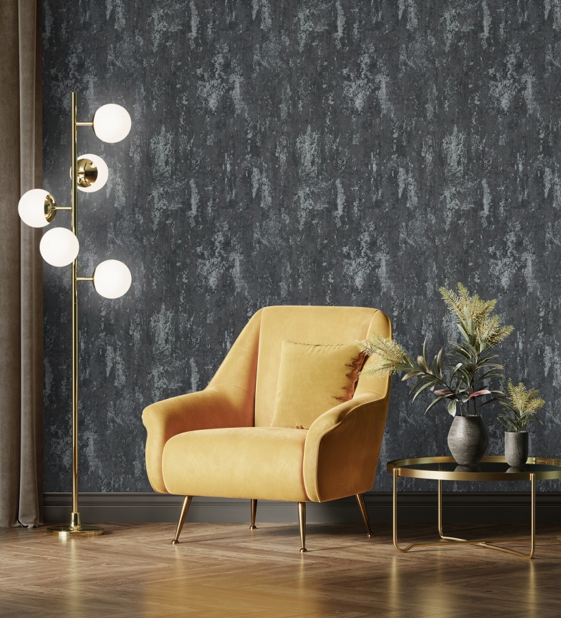 Papel pintado mineral pátina metálica plata fondo antracita oscuro   Calgary Steel 685226