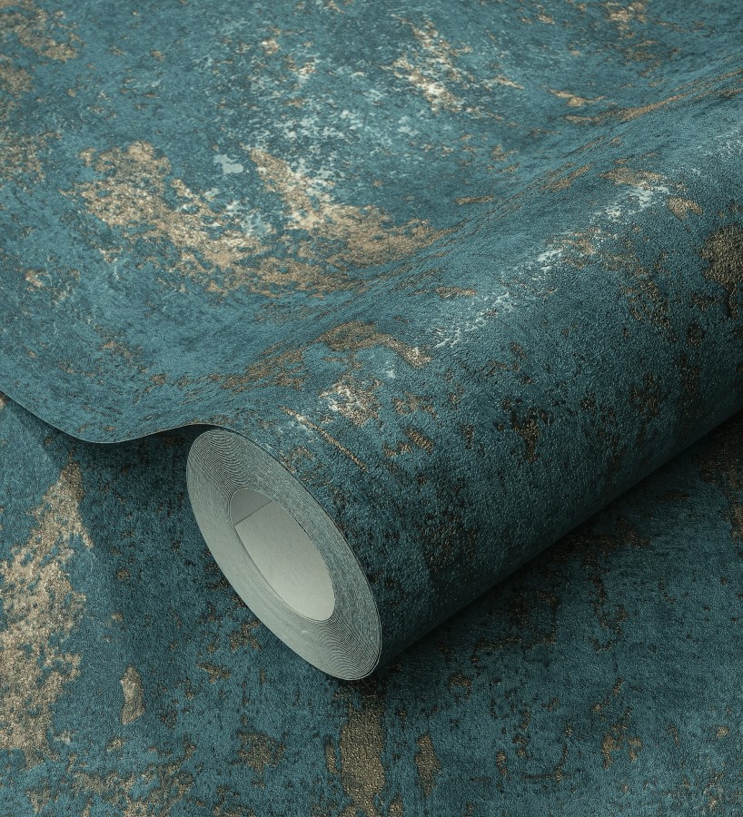 Papel pintado mineral pátina metálica oro fondo verde esmeralda   Calgary Steel 685229