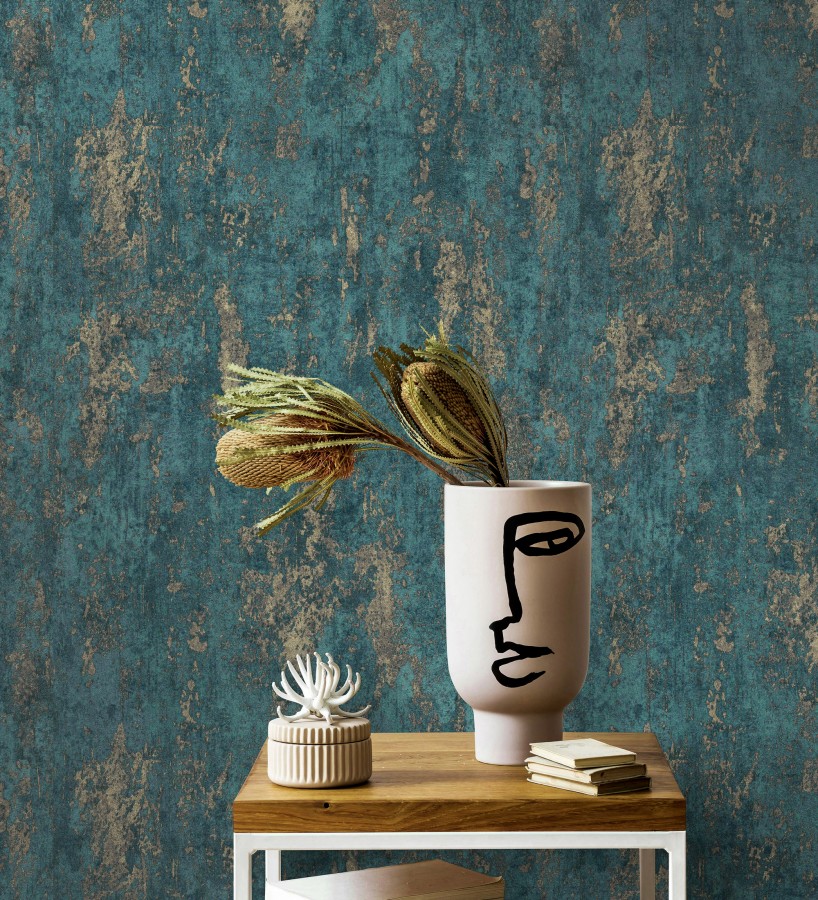 Papel pintado mineral pátina metálica oro fondo verde esmeralda   Calgary Steel 685229