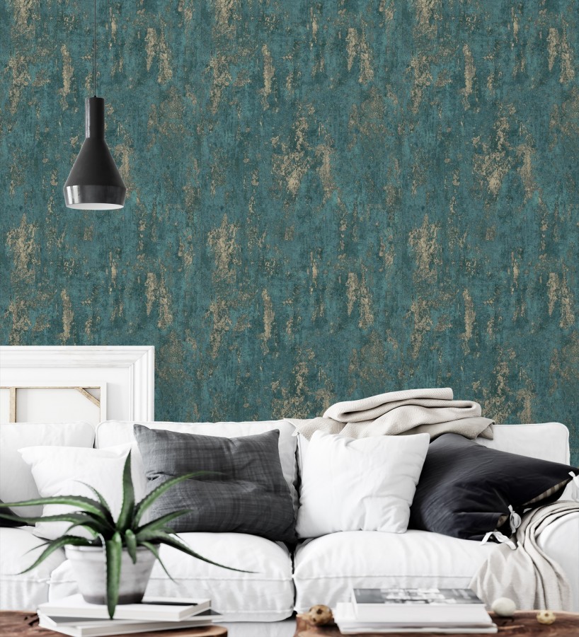 Papel pintado mineral pátina metálica oro fondo verde esmeralda   Calgary Steel 685229