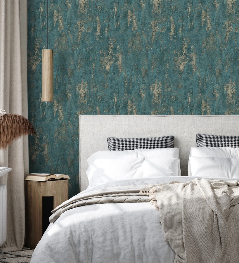 Papel pintado mineral pátina metálica oro fondo verde esmeralda   Calgary Steel 685229