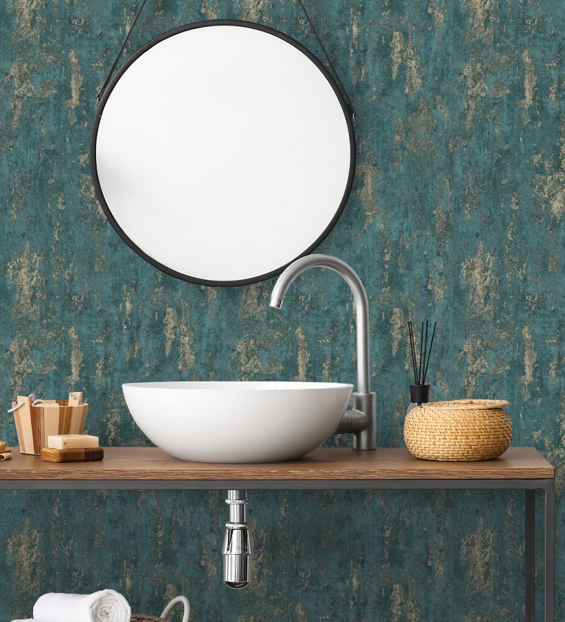 Papel pintado mineral pátina metálica oro fondo verde esmeralda   Calgary Steel 685229
